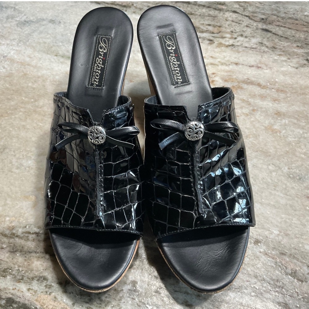 Brighton Shore Wedge Sandals Women 10 Blac Croc Embossed Leather Cork Italy Luxe